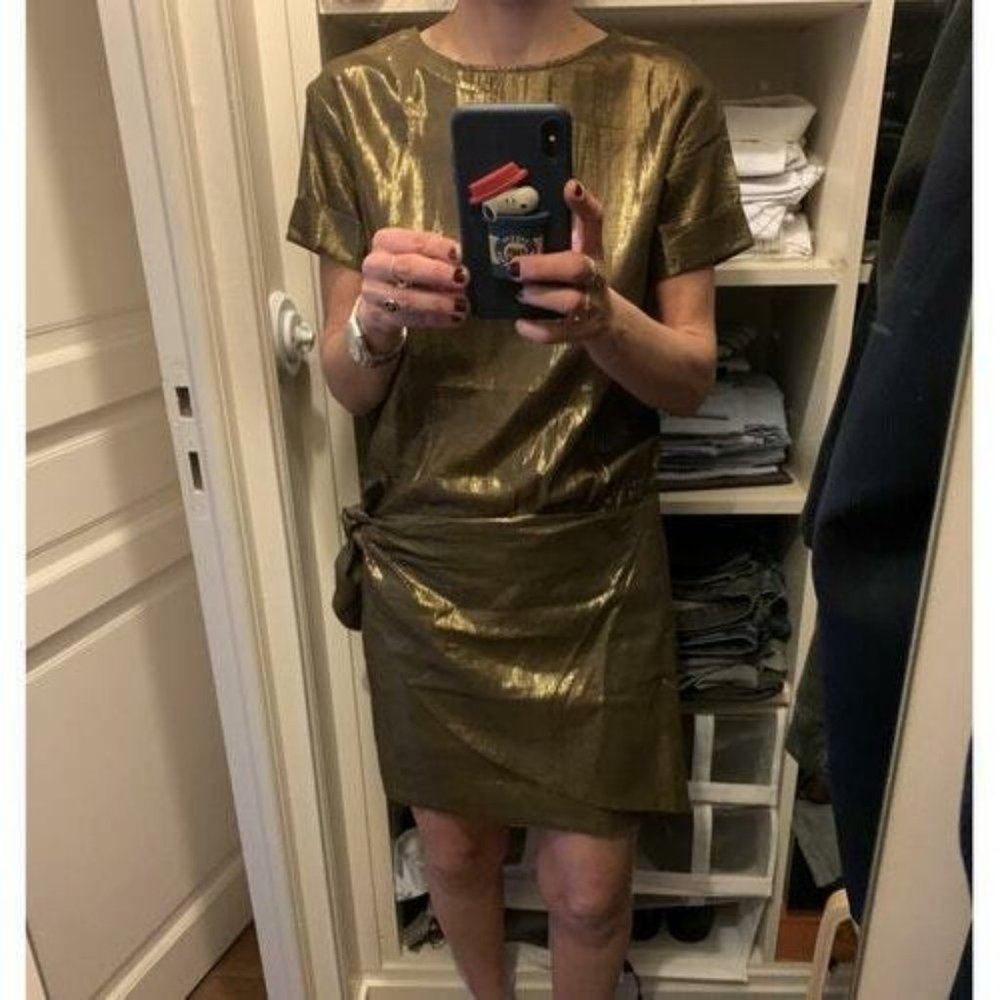 Polder Metallic Mini Dress Tie Waist Gold New Small S